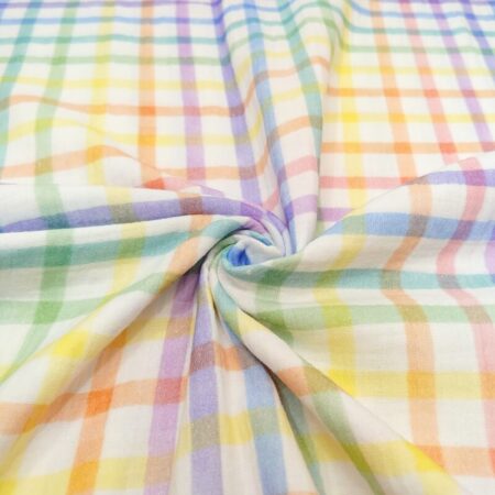 Rainbow Check on White Double Gauze
