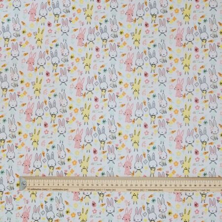 Spring Bunny Rabbits on White Polycotton - Image 2