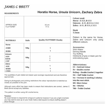 James C Brett Flutterby Horatio Horse, Ursula Unicorn, Zachary Zebra Pattern JB933 - Image 2