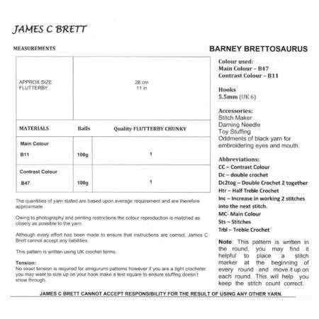 James C Brett Flutterby Barney Brettosaurus Pattern JB934 - Image 2