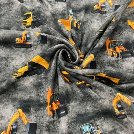 Cotton Jersey Construction Vehicles Yellow on Grey - Image 2