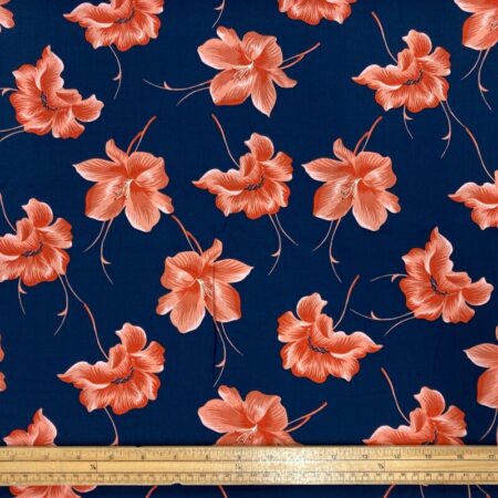 Coral Flower Heads Navy Viscose Challis - Image 2
