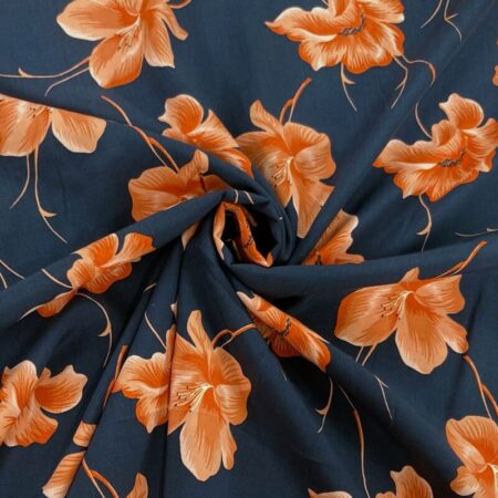 Coral Flower Heads Navy Viscose Challis - Image 3