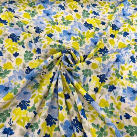 Lime and Blue Garden Flowers Stretch Viscose - Image 3