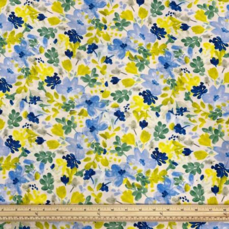 Lime and Blue Garden Flowers Stretch Viscose - Image 2