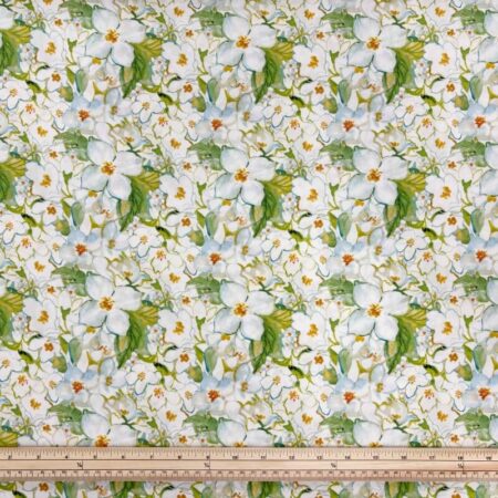 White Blossoms and Green Leaves Viscose Challis - Image 2