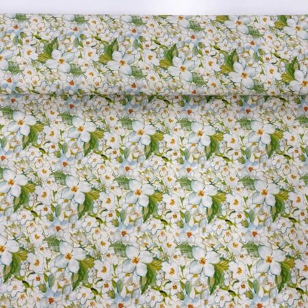 White Blossoms and Green Leaves Viscose Challis - Image 3