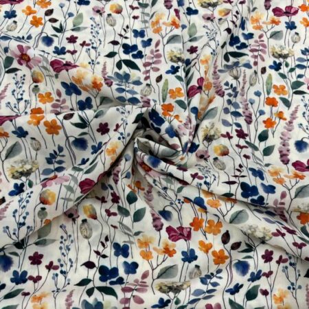 Watercolour Flower Stems Cream Viscose Challis