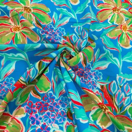 Large Floral Tropical Turquoise Viscose Challis - Image 3