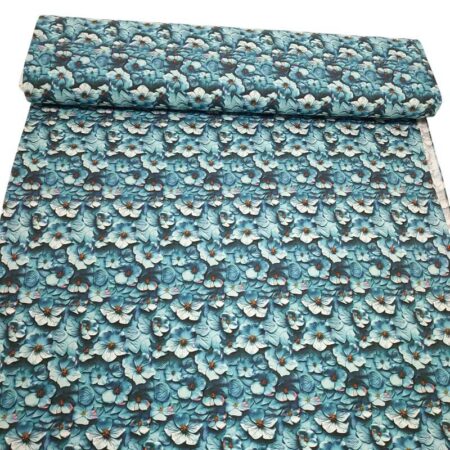 3D Teal Flowers Cotton Jersey