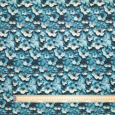 3D Teal Flowers Cotton Jersey - Image 5