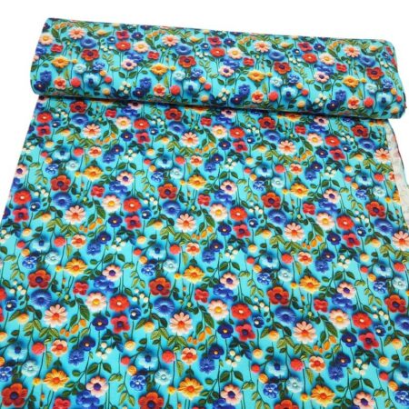 3D Flowers on Turquoise Cotton Jersey