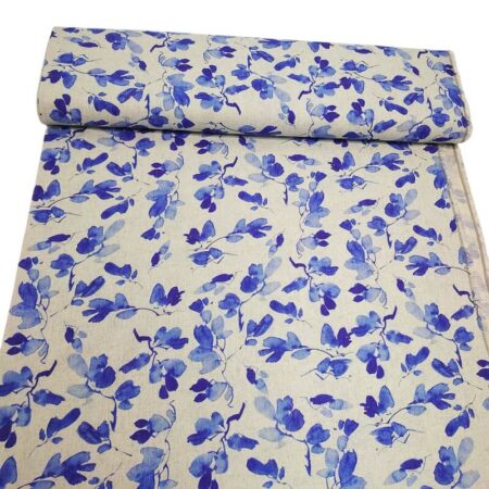 Blue Foliage on Silver Linen Viscose