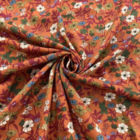 Autumn Flowers Rust Viscose Twill