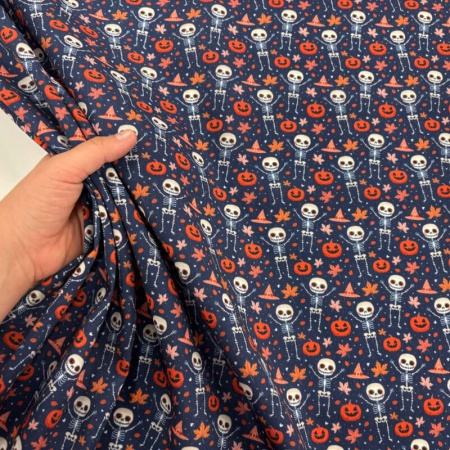 Happy Skeletons and Pumpkins Halloween Polycotton