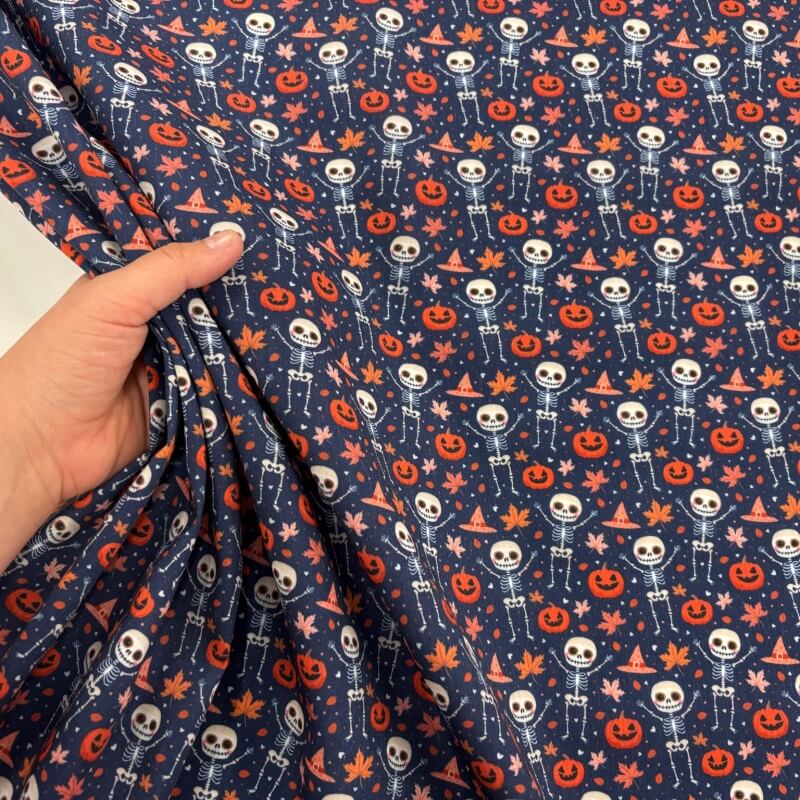 Image of Happy Skeletons and Pumpkins Halloween Polycotton