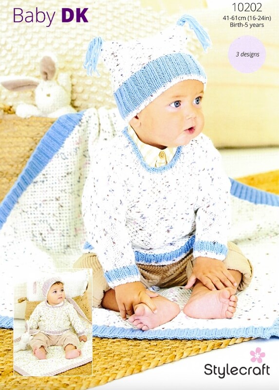 Image of Stylecraft Sweater, Hat and Blanket Pattern 10202