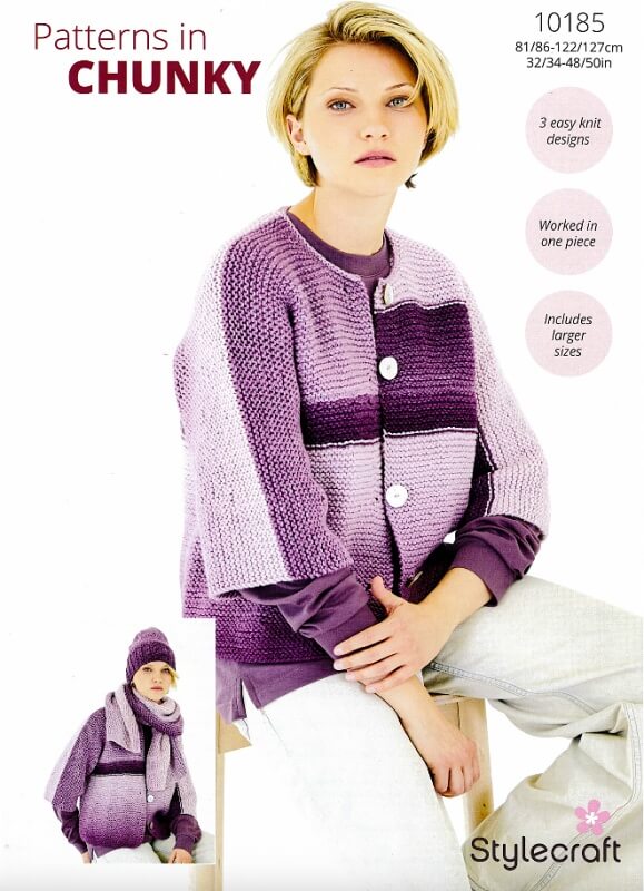 Image of Stylecraft Up and Over Cardigan, Hat and Scarf Pattern 10185