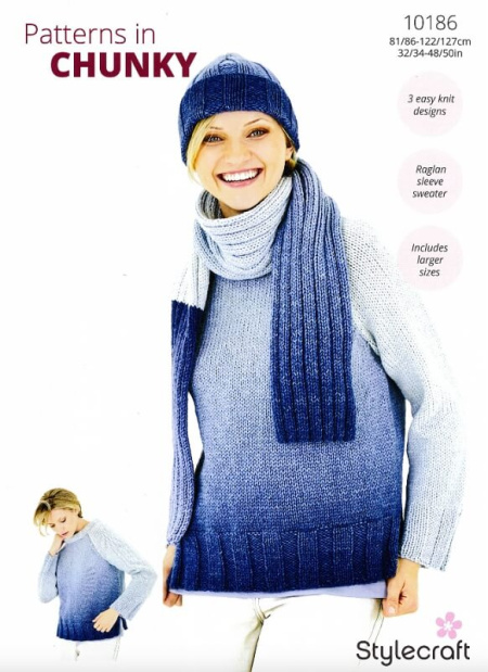 Stylecraft Sweater, Hat and Scarf Pattern 10186