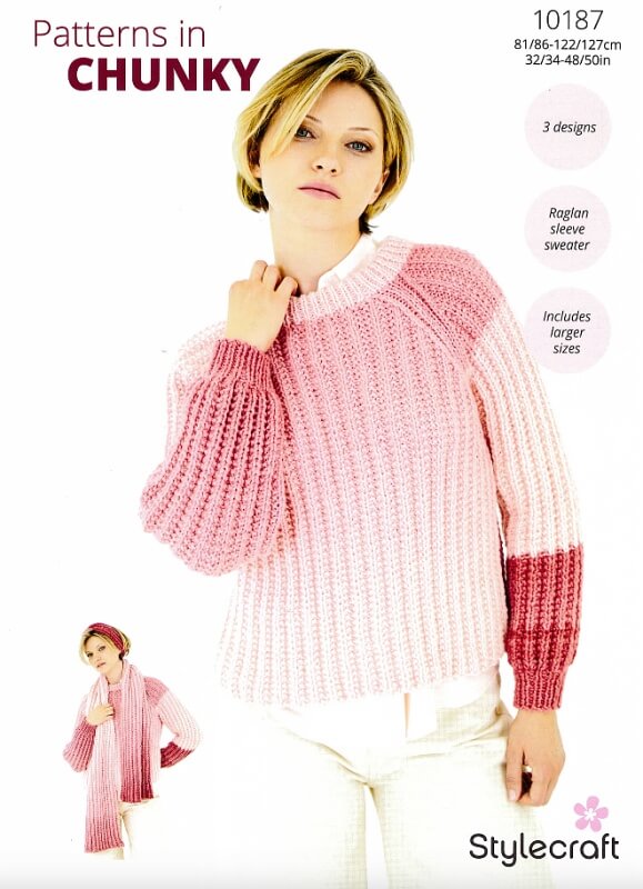 Image of Stylecraft Sweater, Headband and Scarf Pattern 10187