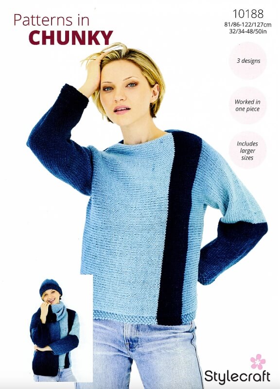 Image of Stylecraft Sweater, Hat and Scarf Pattern 10188