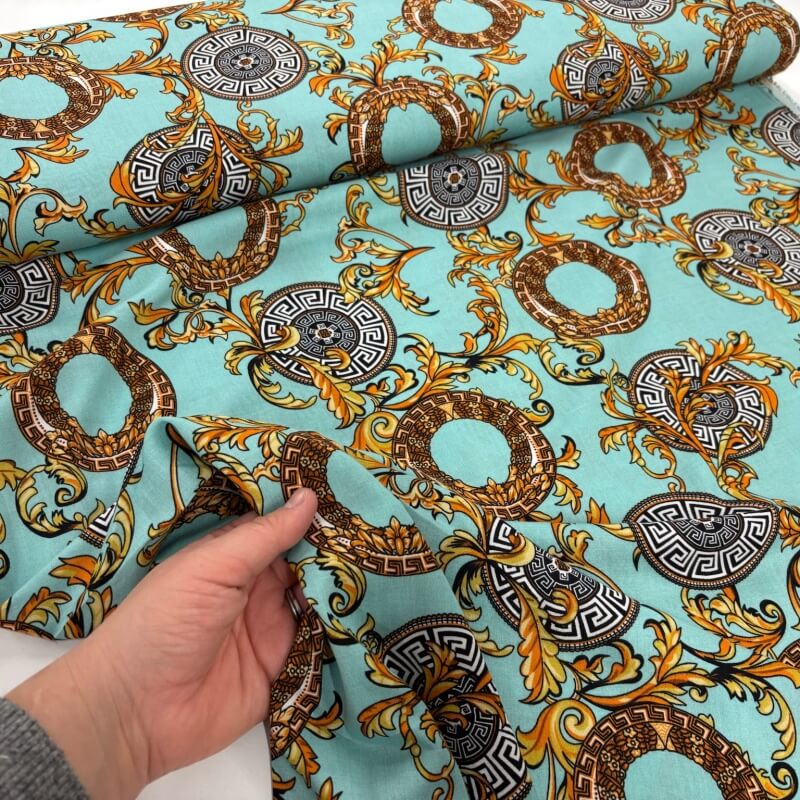 Image of Grecian Circles and Gold Leaves Viscose Challis