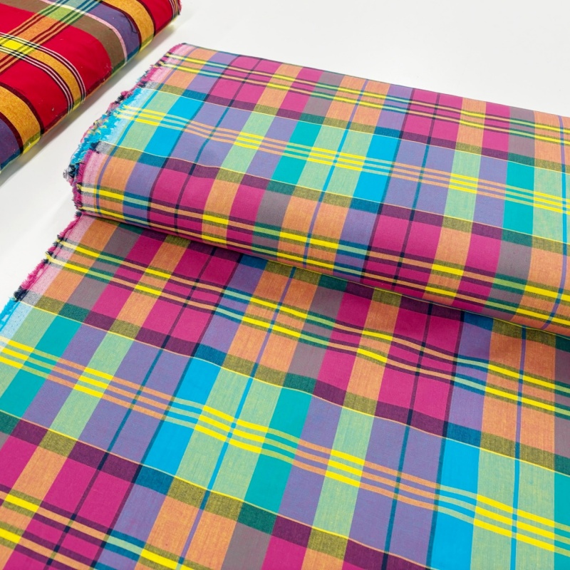 Image of Cerise and Turquoise Madras Check Cotton
