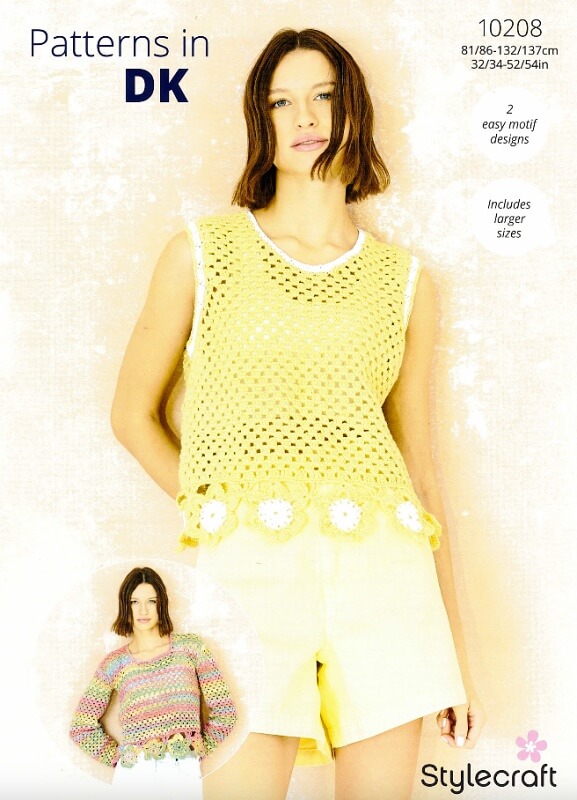 Image of Stylecraft Crochet Flower Motif Top and Sweater Pattern 10208