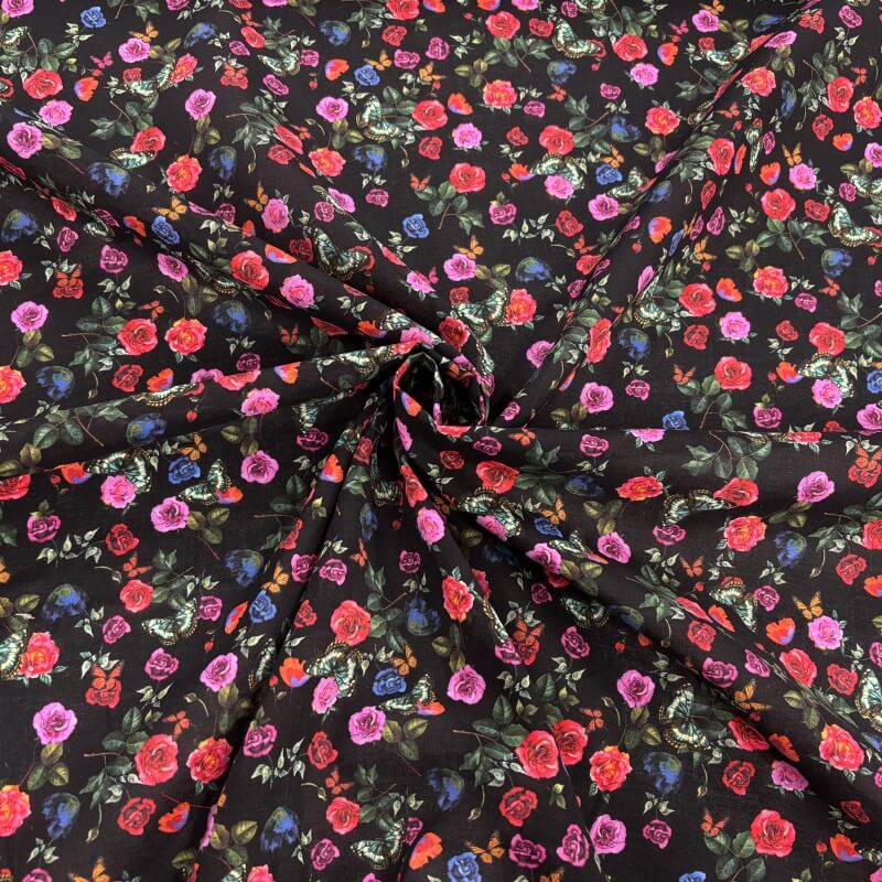 Image of Butterfly Roses Black Cotton Lawn