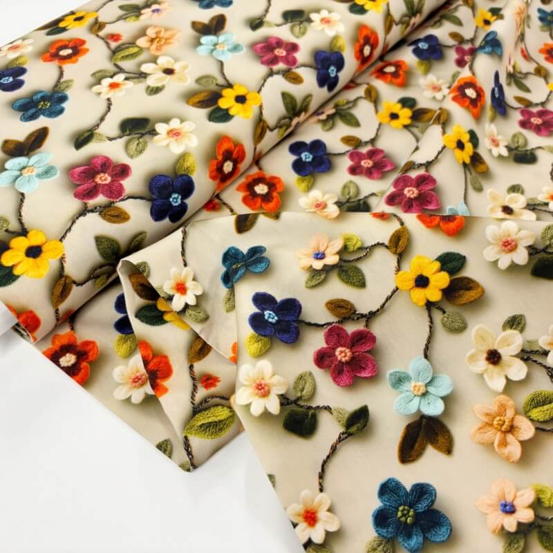 Image of Embroidery Effect Flower Branches Cotton