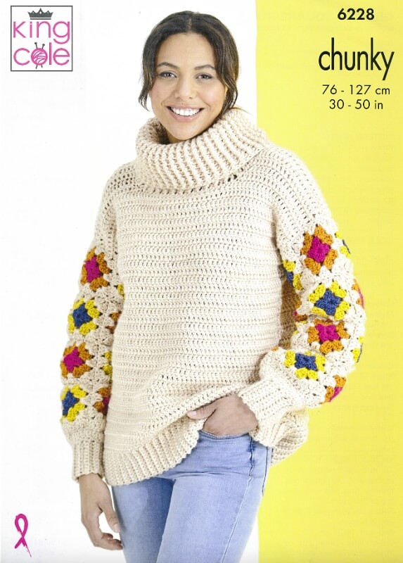 Image of King Cole Crochet Granny Square Roll Neck and Crew Neck Jumpers Pattern 6228