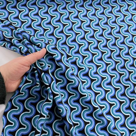 Retro Ric-Rac Waves Blue Viscose Challis