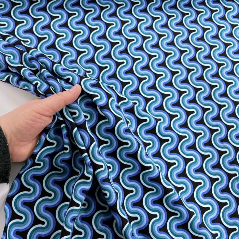 Image of Retro Ric-Rac Waves Blue Viscose Challis