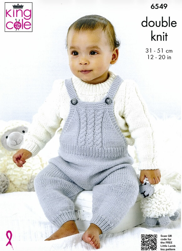 Image of King Cole Dungarees, Pinafore, Sweater, Cardigan and Bootees Pattern 6549