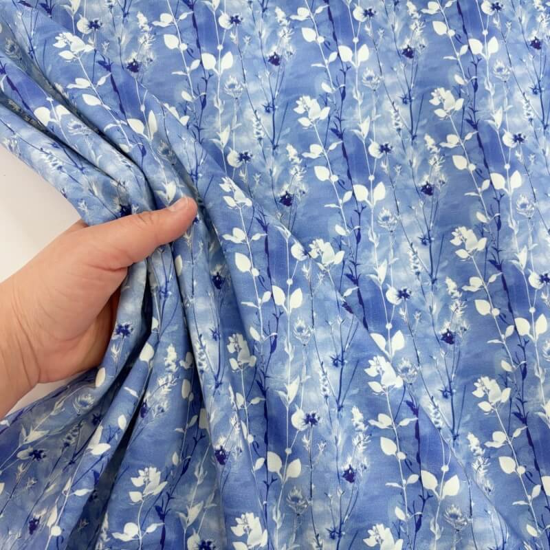 Image of Blue Flower Stems French Terry Jersey