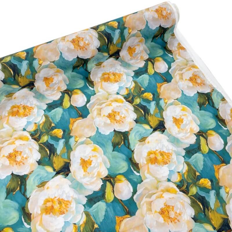 Image of White Painted Peonies Cotton Poplin
