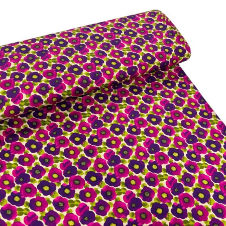 Cerise and Purple Flowers Viscose Sateen