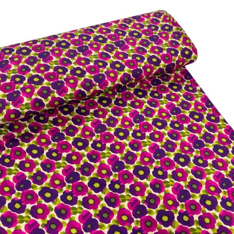 Image of Cerise and Purple Flowers Viscose Sateen