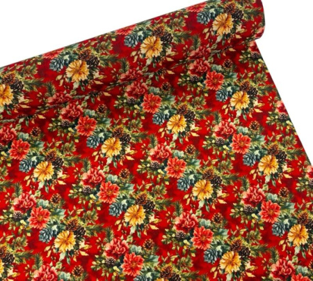 Winter Foliage Crimson Christmas Polycotton