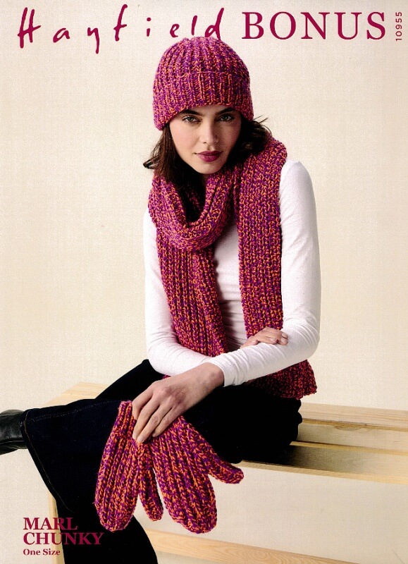 Hayfield Hat, Mittens and Scarf Pattern 10955