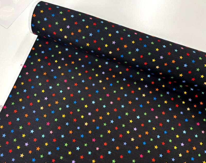 Multicoloured Stars on Black Polycotton